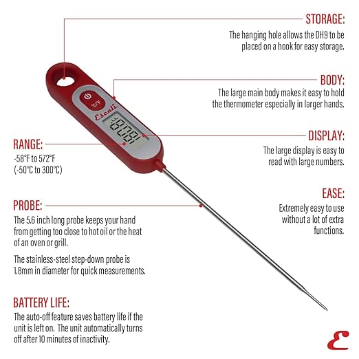 Escali Long Stem Digital Thermometer for Meat, Frying, Cooking, Candy and Kitchen Use, Extra Long 5.6-Inch Probe, Red