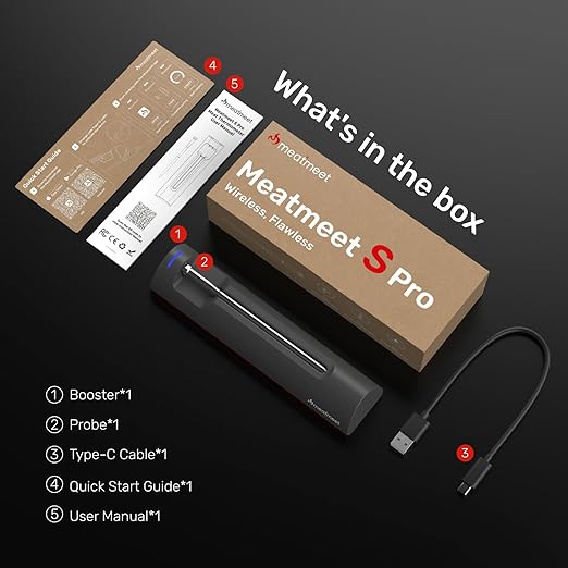 S Pro Bluetooth Wireless Meat Thermometer, 1080°F Heat, 6 Sensors, Enhanced Signal Base, EasySmart App, IP69, Ultra-Thin Probe, Digital Cooking Thermometer, Oven/Grill/BBQ/Air Fryer/Kitchen