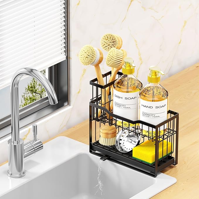 2-Tier Rustproof Kitchen Sink Caddy with Self-Draining Tray, Dish Brush & Sponge Holder, Non-Slip Base - Black