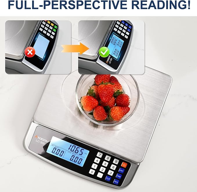 66lb Food Scale, Commercial Kitchen Scale with Price Computing, Plug-in Usable, 0.05oz/1g, 304 Stainless Steel, for Cooking, Vegetables, Farm, Industry, Counting. LC300 Grey