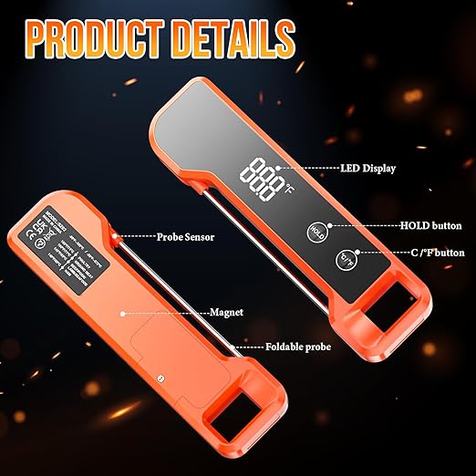 Meat Thermometer Digital Instant Read Food Thermometer for Cooking, Waterproof Kitchen Thermometers with Backlight, Magnet, Auto-Rotating, BBQ Thermometer for Grill Smoker Oil Fry Candy Thermometer