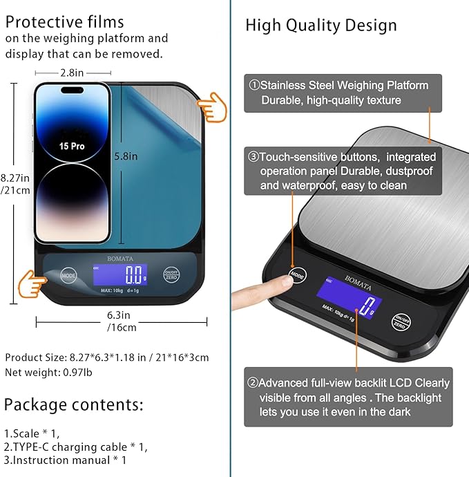 BOMATA IPX7 Waterproof Food Scale, 22lb/10kg, USB Rechargeable, Submersible, Ounces and Grams for Cooking Baking Weight Loss, 0.05oz/1g Precise Graduation, Wide Viewing Angle LCD, Stainless Steel