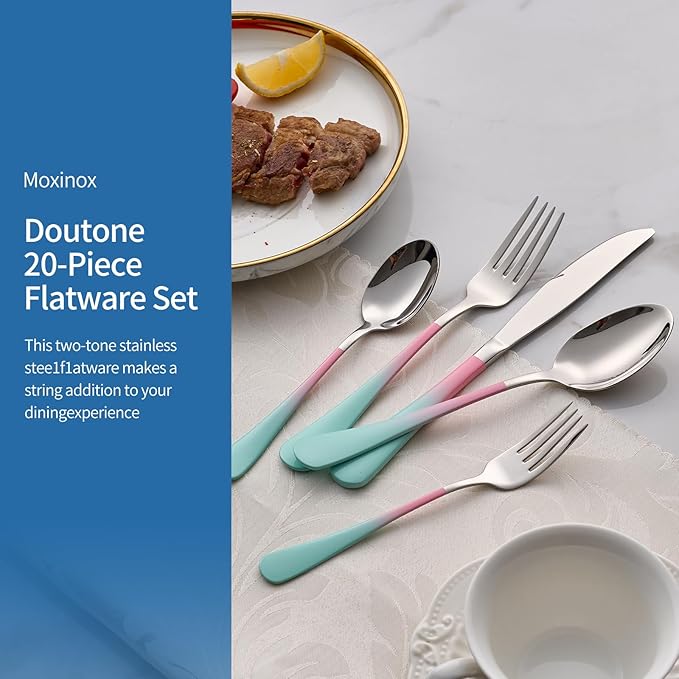 20-Piece pink & green Silverware Set,18/0 Stainless Steel Colorful Handle Flatware Set,Service for 4,Modern Cutlery Set Includes Dinner Knives Forks Spoons, Mirror Polished,Dishwasher Safe