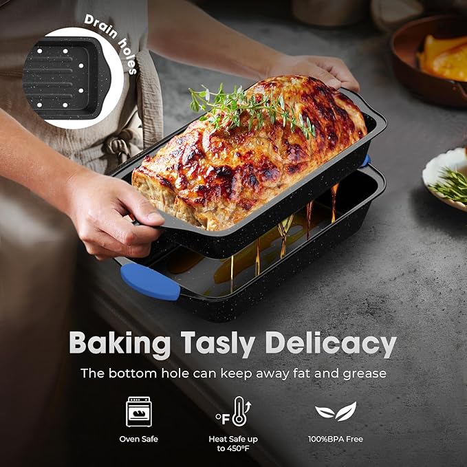 11-Piece Professional Stackable Baking Set, Oven-Safe Nonstick Cookware with Cool-Touch Handles - Features Cookie Sheet, Cake Pan, Muffin Tin, Pizza Stone & Bread Loaf Pan, Black&Blue