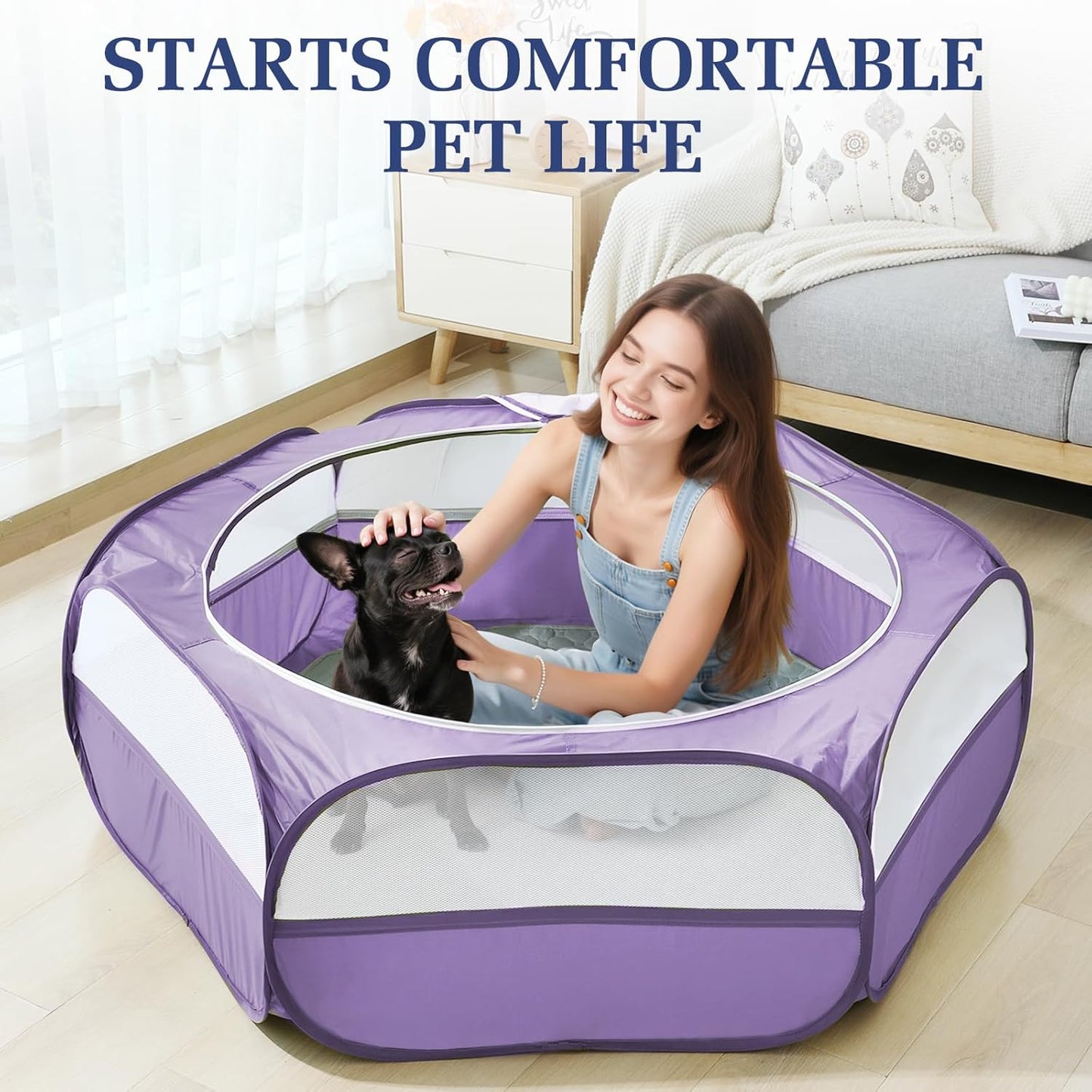 2-in-1 Small Animals Playpen with Pad, Waterproof Small Pet Cage Tent with Reusable Pad, Portable Outdoor Yard Fence with 3 Metal Rod for Chick/Kitten/Puppy/Guinea Pig/Rabbits/Chinchillas, Purple