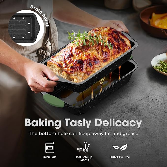 11-Piece Nonstick Bakeware Set, Stackable & Oven-Safe Kitchen Baking Pans with Silicone Handles - Includes Cookie Sheet, Cake Pan, Muffin Tin, Pizza Stone & Bread Loaf Pan, Dark Green&Black