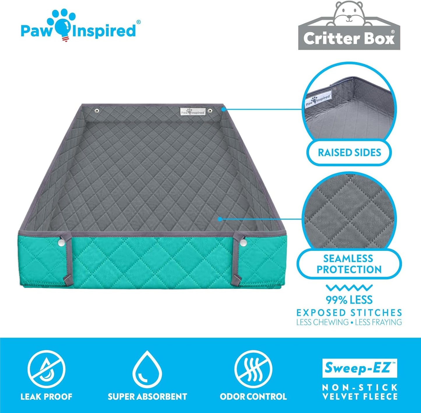 Paw Inspired Critter Box Washable Cage Liner, Reversible Fleece Bedding with Raised Sides for Guinea Pigs and Other Small Animals (C&C 2x4 (14" Grids), Gray/Green)