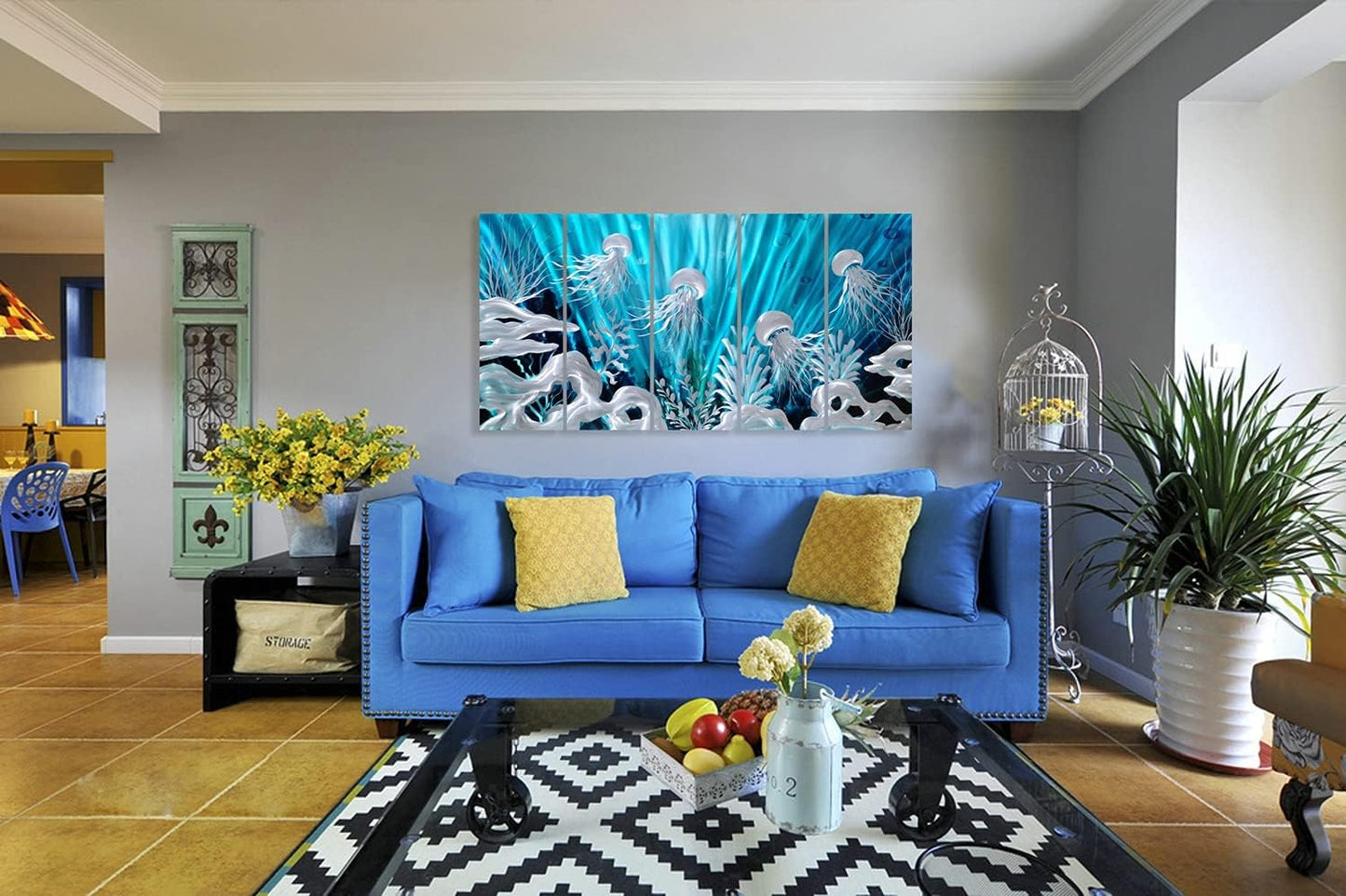 SYGALLERIER Jelly Fish Large Metal Wall Art Hand Grind Aluminum Artwork 3D Undersea World Coastal Pictures Nautical Decor for Living Room Bedroom