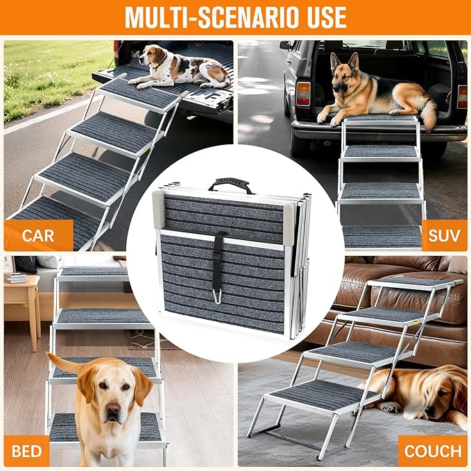 20" Extra Wide Dog Ramp, 4-Step Foldable Pet Stairs with Non-Slip Carpet - Lightweight Aluminum for SUV/Truck/Car & High Beds - Supports Large Dogs up to 200Lbs