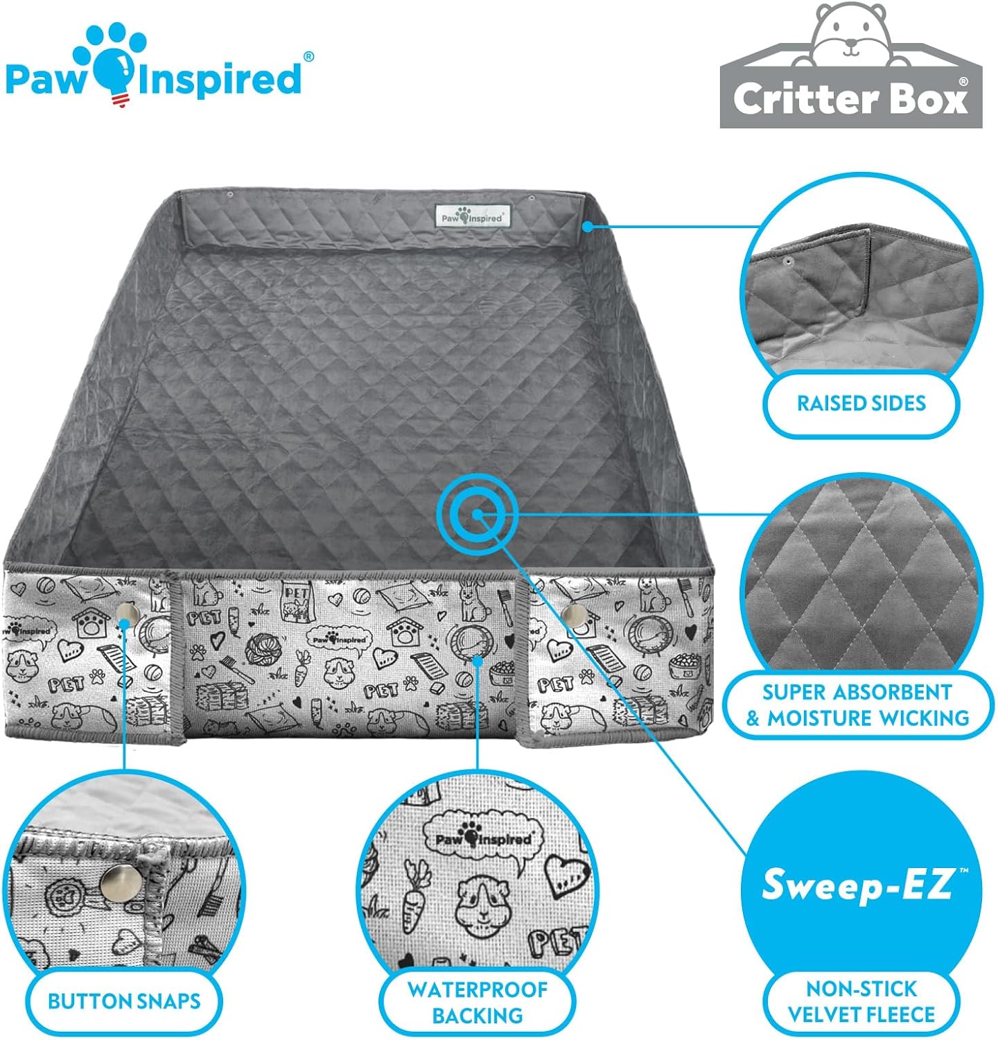 Paw Inspired Critter Box | Washable Guinea Pig Cage Liners with Raised Sides | Fleece Bedding for Guinea Pigs Rabbits, Hamsters, Small Animals | Edge Protected Pee Pads (C&C 2x5 (14" Grids))