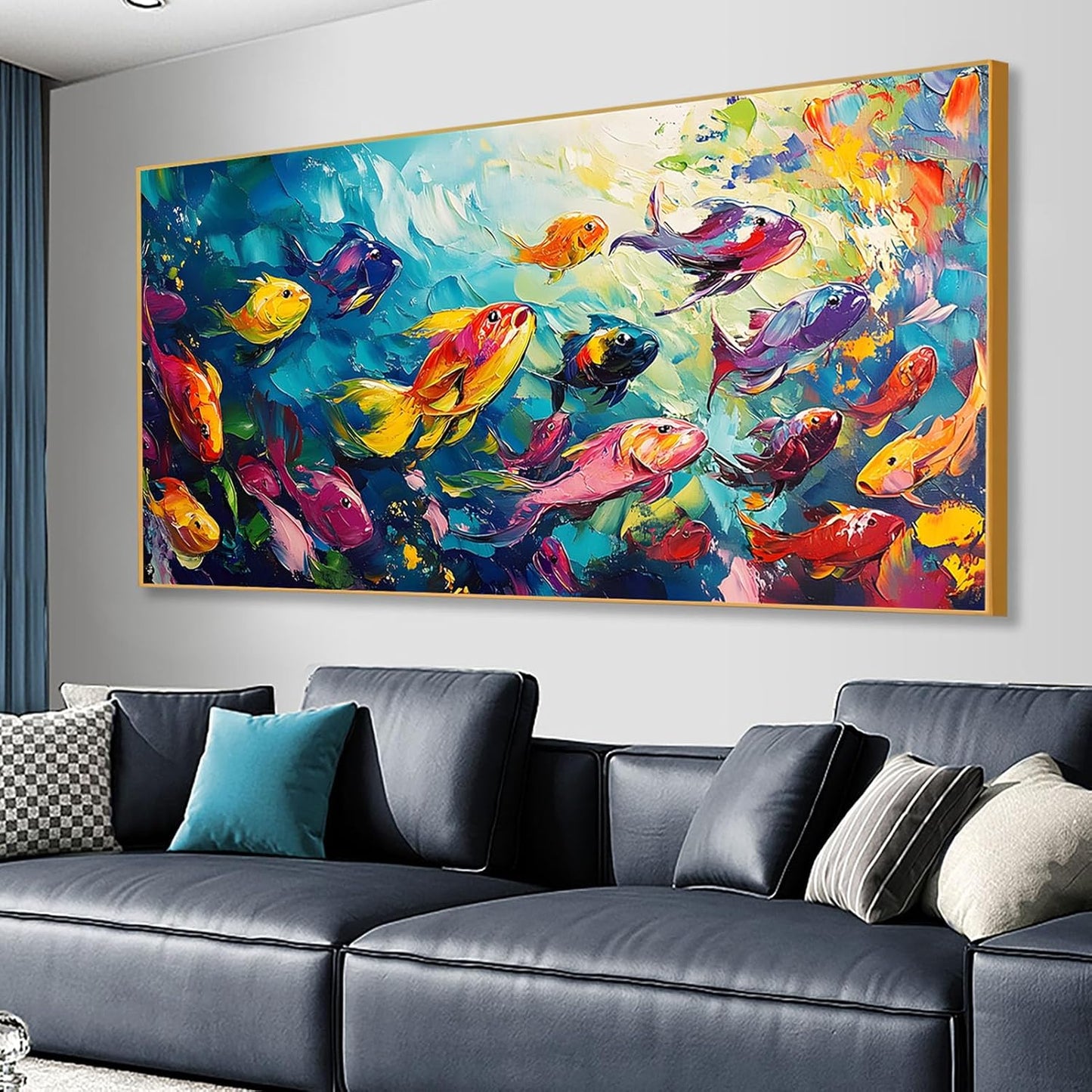 School of Fish Printed Canvas Wall Art – Framed Abstract Ocean Print – Vibrant Fish Wall Decor for Living Room, Bedroom, Office (Black Framed, 39"x19"|100x50cm)