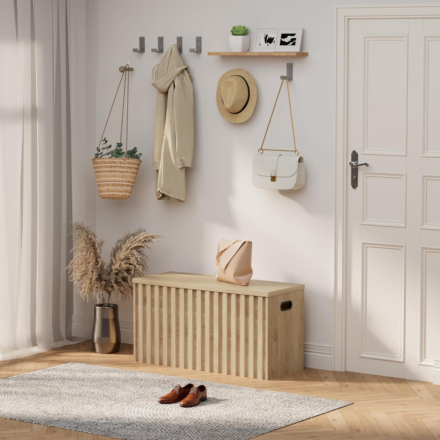 UEV Storage Bench,39.4" Wood Box, Storage Trunk with 2 Safety Hinges, Ottoman Storage Chest, Fluted Storage Bench for Bedroom, Entryway, Living Room (Ivroy White)