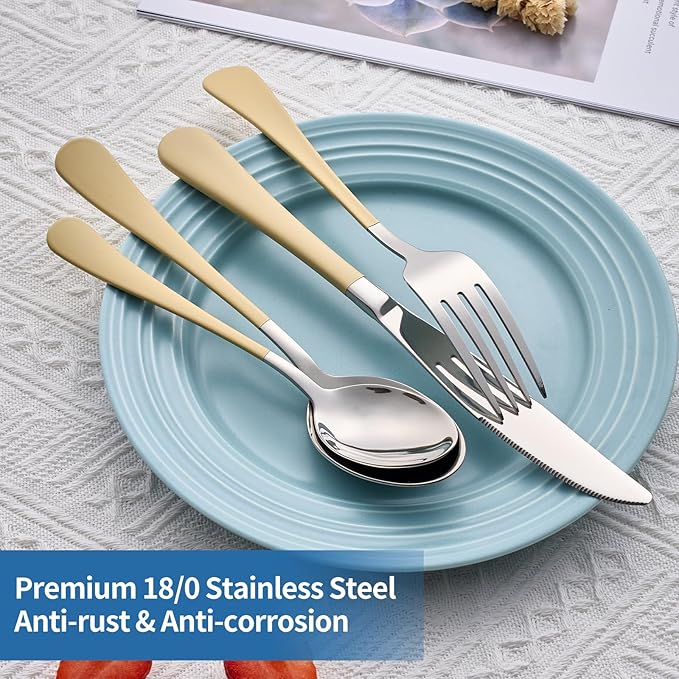 20-Piece Cream Color Silverware Set, 18/0 Stainless Steel Cream Color Handle Flatware Set, Service for 4,Modern Cutlery Set Includes Dinner Knives Forks Spoons,Mirror Polished,Dishwasher Safe