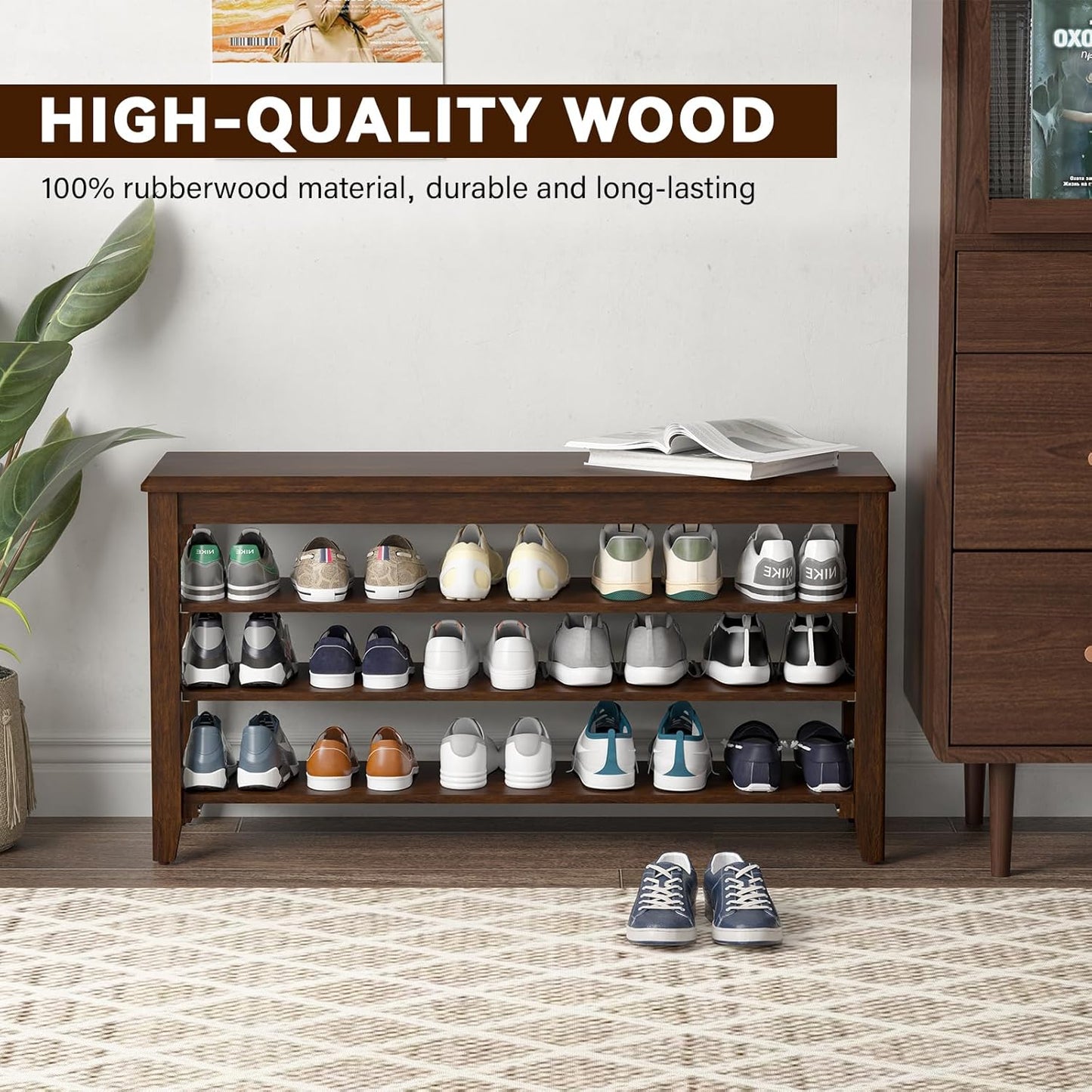Shoe Bench Storage Rubberwood, Entryway Bench with 3-Tiers Height Adjustable, Shoe Rack Front Door Entrance Organizer for Hallway Living Room, Mudrooms, Walnut,31.5"