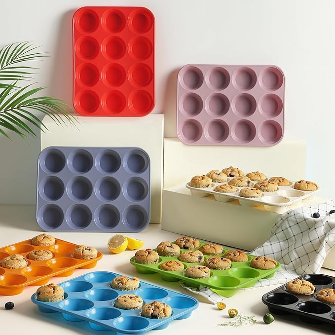 2 Pack 12 Cups Silicone Muffin Pan with Metal Reinforced Frame Regular Size Silicone Molds Cupcake Cake Baking Pans Baking Mold Best Baking Pans Tart Pan Sheet Set Reusable Cupcake Liners