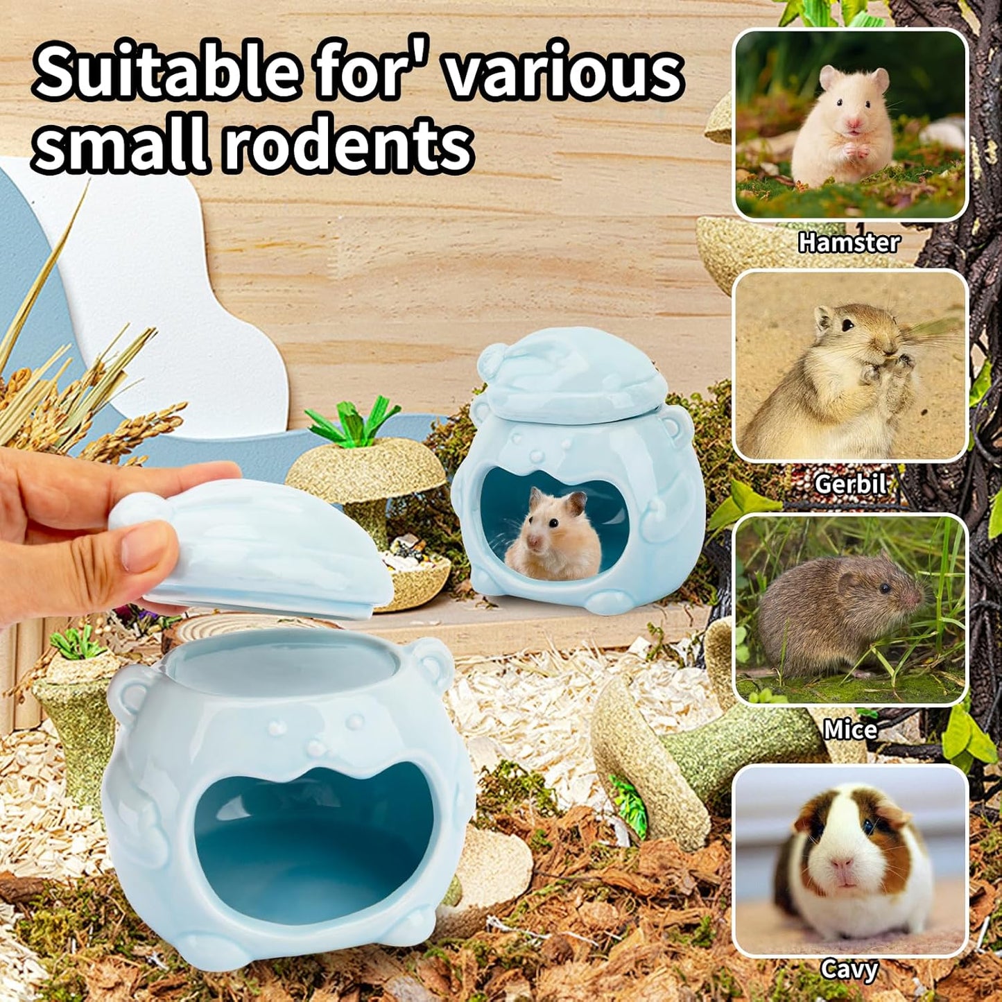 3-in-1 Bear Shaped Ceramic Hamster House - Cool House for Syrian Dwarf Hamsters, Mice, Gerbils, Small Pets, Top for Hamster Food, Removable Lid for Ice Packs, Cute Cool Hideout for Summer(Blue)
