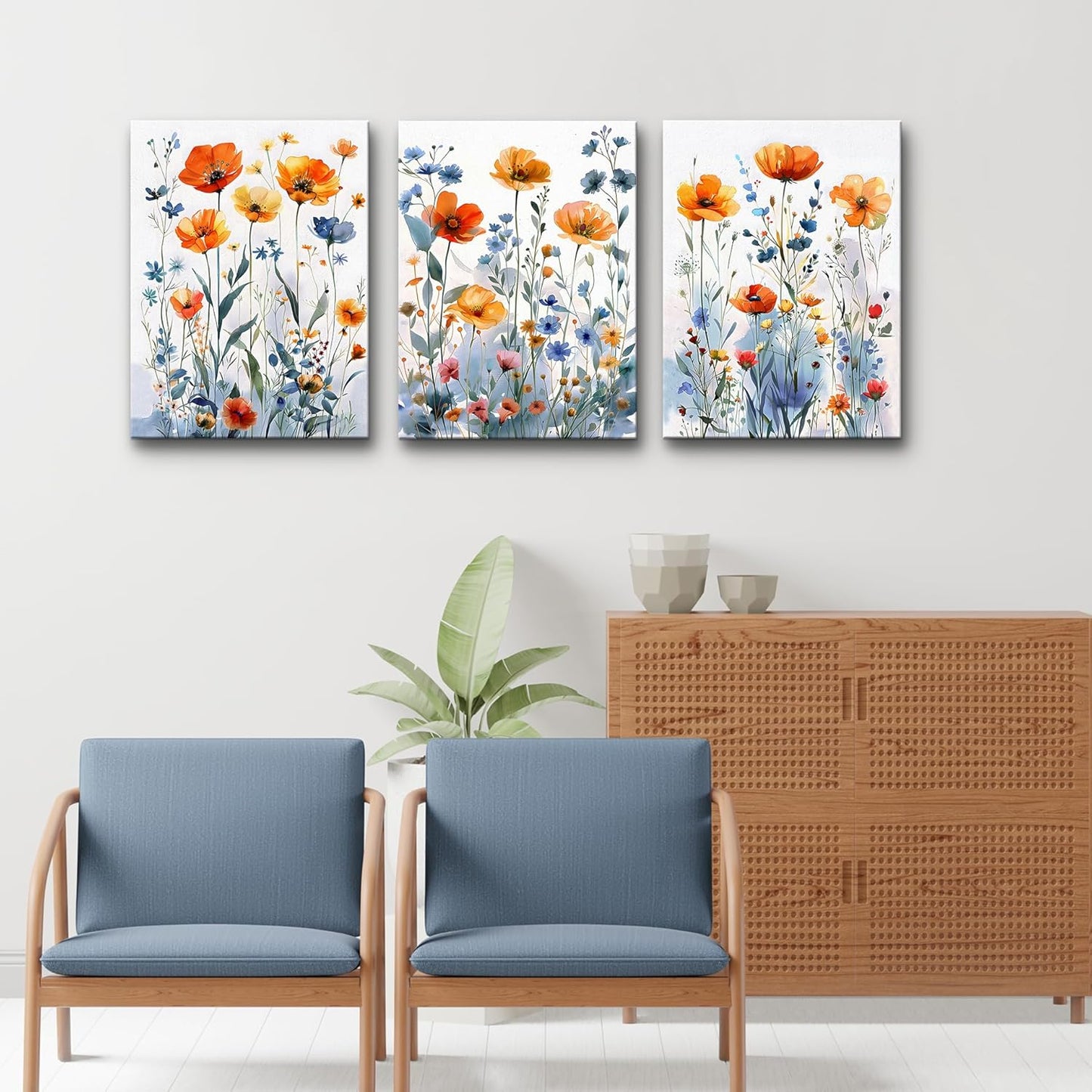 TTHYUEWS Large Canvas Wall Decor for Living Room Boho Wall Art for Bedroom Wall Decorations For Kitchen Family Room Wall Pictures Artwork Flowers Watercolour Paintings Modern Home Decor 3 Pieces