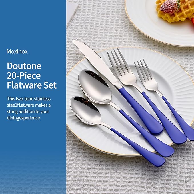 20-Piece Blue Silverware Set, 18/0 Stainless Steel Blue Handle Flatware Set, Service for 4, Modern Cutlery Set Includes Dinner Knives Forks Spoons, Mirror Polished, Dishwasher Safe