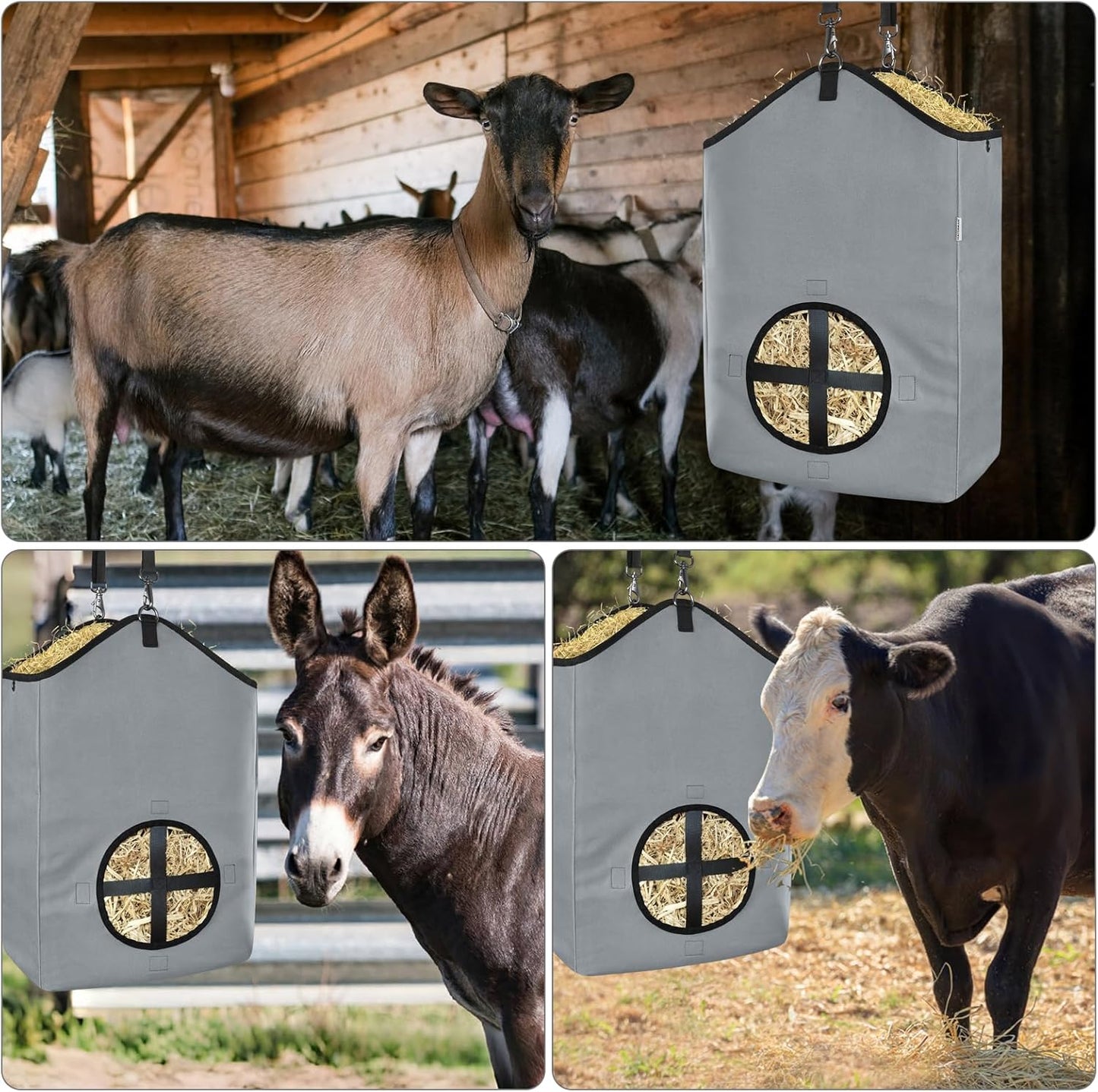 3 PCS Goat Hay Feeder,Hay Bags for Horses,Goats,Donkeys with Reinforced Oxford Fabric and High Strength Metal Clasp,Horse Feeding Supplies with Adjustable Strap for Easy Hanging (2Grey+1Black)