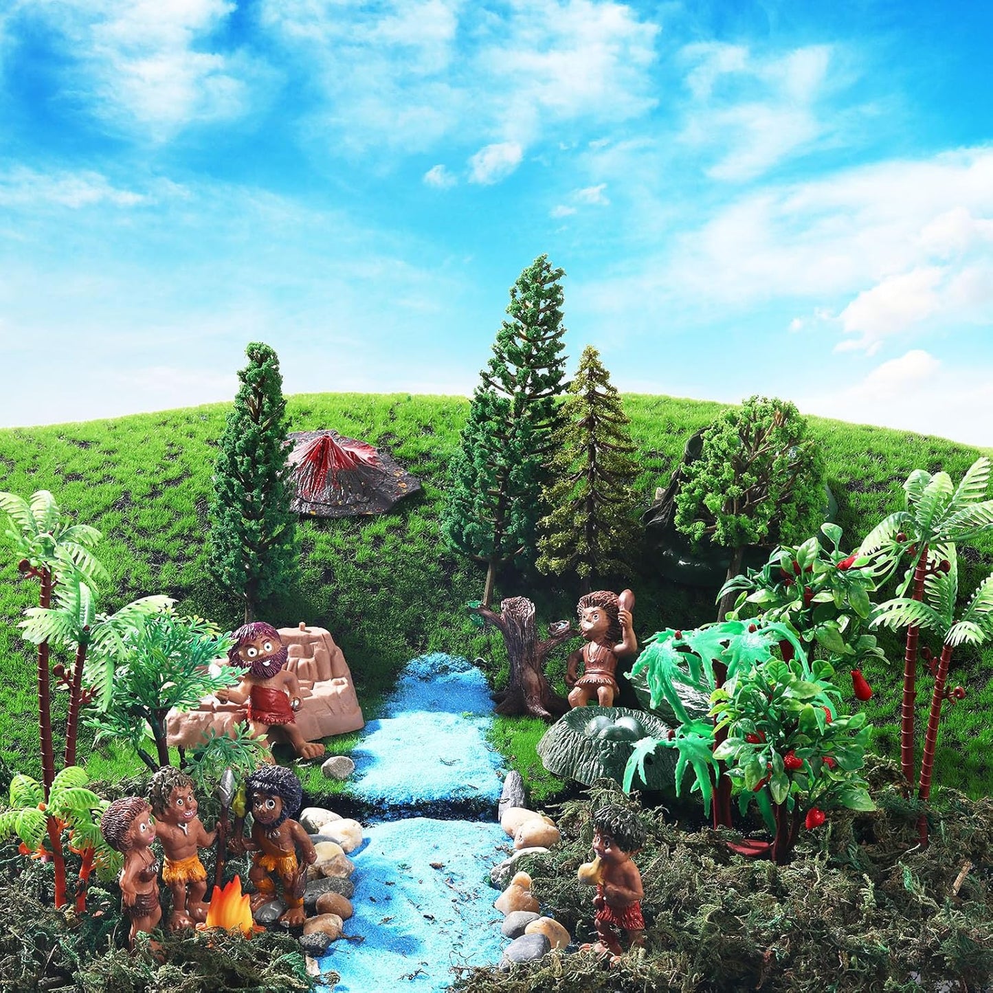 27 Pcs Primitive Man Figurines Kit, Include Diorama Supplies Mini People Figures Mixed Model Trees Stone Sand for Diorama Box Educational School Project Gift