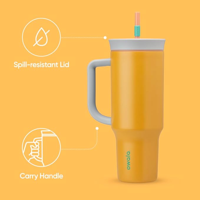 Owala Stainless Steel Triple Layer Insulated Travel Tumbler with Spill Resistant Lid, Straw, and Carry Handle, BPA Free, 40 oz, Orange (Tropical)
