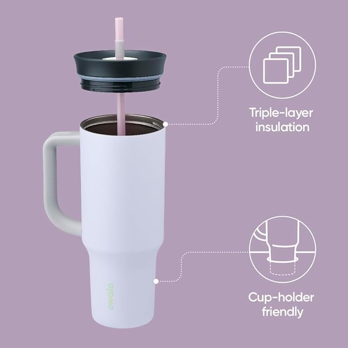 Owala Stainless Steel Triple Layer Insulated Travel Tumbler with Spill Resistant Lid, Straw, and Carry Handle, BPA Free, 40 oz, Purple (Bunny Hop) (Pack of 6)