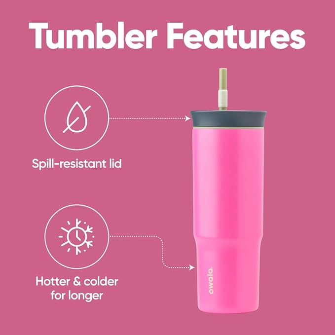 Owala Stainless Steel Triple Layer Insulated Travel Tumbler with Spill Resistant Lid and Straw, BPA Free, 24 oz, Brown/Pink (Watermelon Breeze) (Pack of 12)