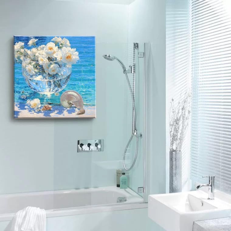 weiyiart Blue Ocean Wall Art Canvas Print Coastal Beach Painting with White Flowers & Shell Oil Painting Seascape Picture Decor for Living Room, Bedroom 24x24 inch