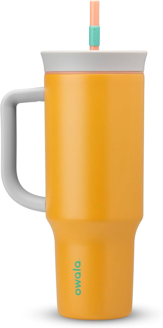 Owala Stainless Steel Triple Layer Insulated Travel Tumbler with Spill Resistant Lid, Straw, and Carry Handle, BPA Free, 40 oz, Orange (Tropical)