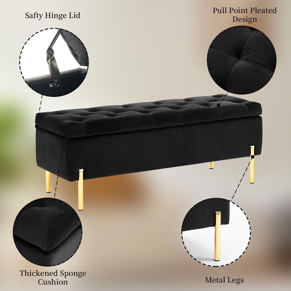 45.6 Inch Velvet Storage Ottoman, Rectangular Accent Bench for Bedroom & Living Room, Black