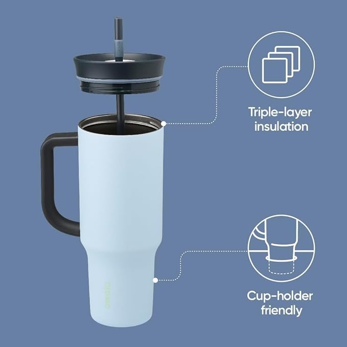 Owala Stainless Steel Triple Layer Insulated Travel Tumbler with Spill Resistant Lid, Straw, and Carry Handle, BPA Free, 40 oz, Blue (The Great Blue) (Pack of 6)