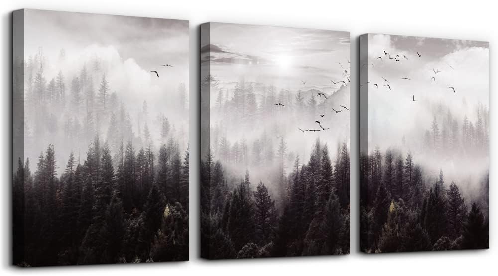 Large Size Canvas Wall Art For Living Room Boho Wall Decor For Bedroom Wall Decorations For Office Foggy Forest Trees Wall Paintings Scenery Wall Pictures Artwork Home Decoration 20" X 28" 3 Piece
