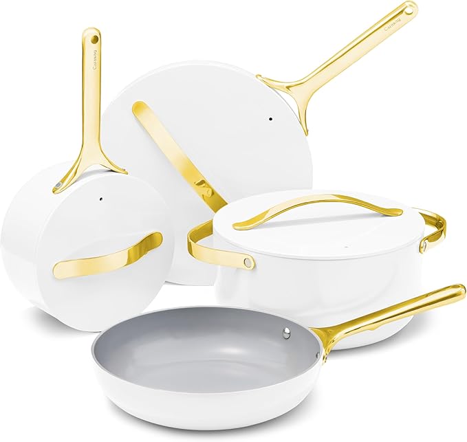 Caraway Nonstick Ceramic Cookware Set (12 Piece) Pots, Pans, Lids and Kitchen Storage - Non Toxic - Oven Safe & Compatible with All Stovetops - White