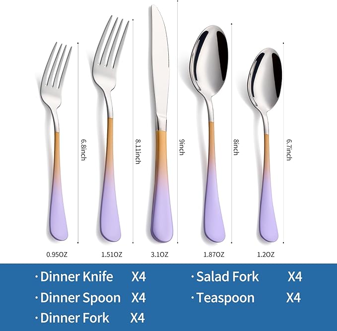 20-Piece Purple&Orange Silverware Set,18/0 Stainless Steel Colorful Handle Flatware Set, Service for 4, Modern Cutlery Set Includes Dinner Knives Forks Spoons, Mirror Polished,Dishwasher Safe