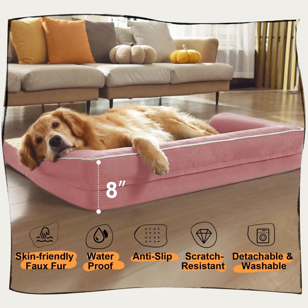 Orthopedic Washable Large Dog Bed, Pink Dog Beds with Removable Cover, Large XXXL Pet Dogs with Bolster, Washable Dogs Beds Sofa with Orthopedic Egg Foam for Medium Large Pet