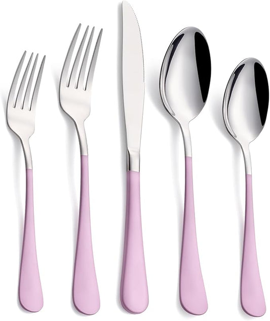 20-Piece Light Purple Silverware Set, 18/0 Stainless Steel Purple Handle Flatware Set, Service for 4, Modern Cutlery Set Includes Dinner Knives Forks Spoons, Mirror Polished, Dishwasher Safe