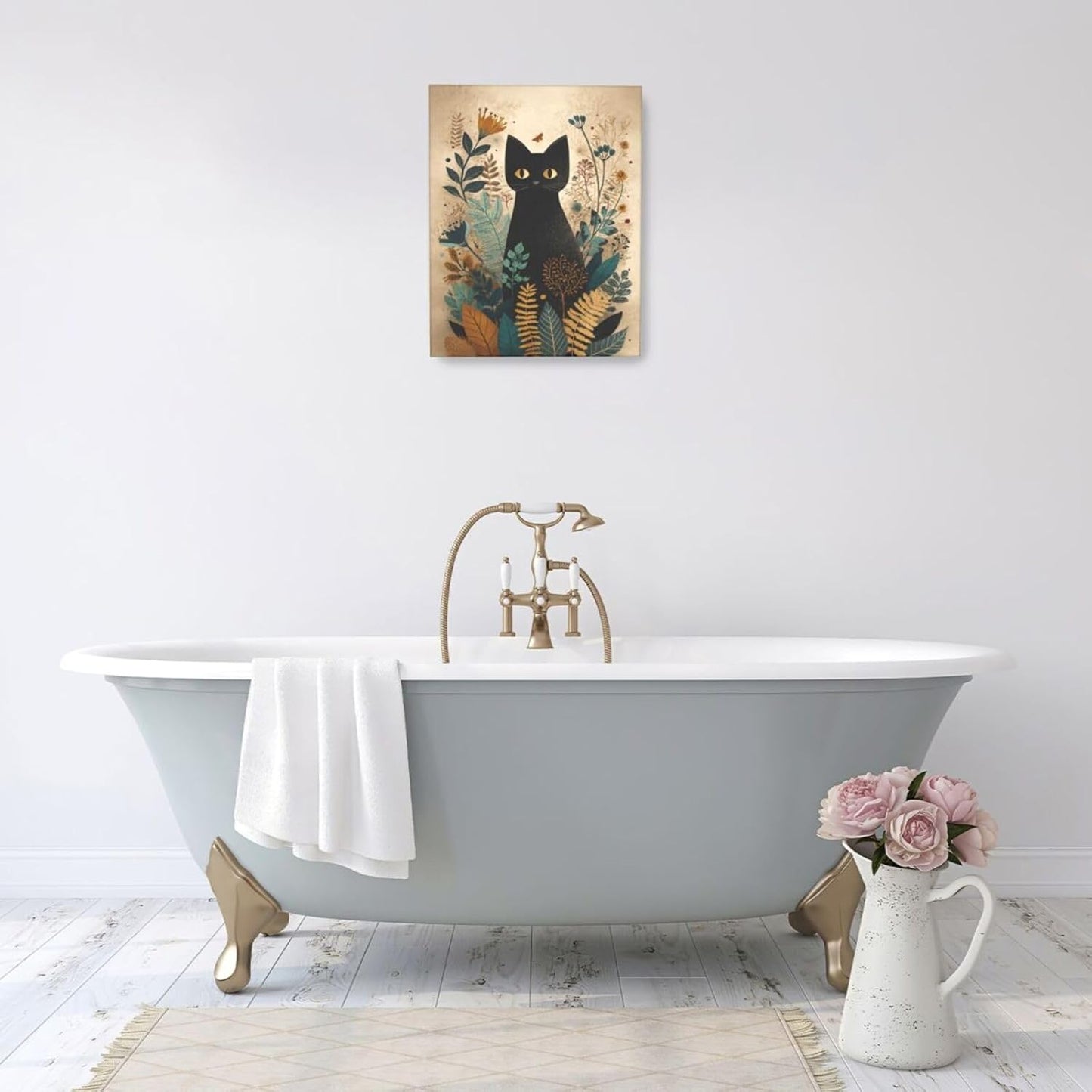 Boho Black Cat Wall Art Kitten Botanical Wall Decor Mid Century Modern Canvas Painting Print Minimalist Pictures Artwork Framed Decorations Gifts for Cat Lover Bathroom Nursery Living Room Bedroom Kitchen 16"x20"