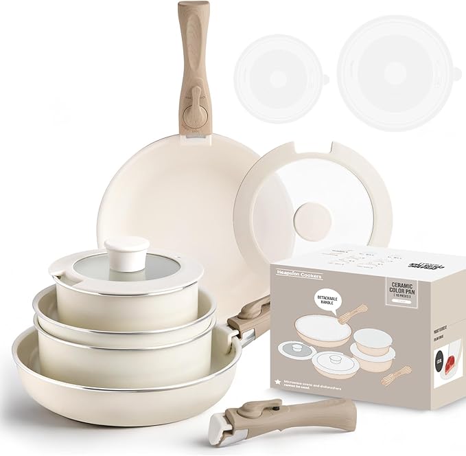 10-Piece Ceramic Nonstick Cookware Set, PFAS/PFOA/PTFE-Free & Non-Toxic Pots and Pans Set with Detachable Handles, Dishwasher Safe & Induction Compatible for Kitchen & RV Cooking