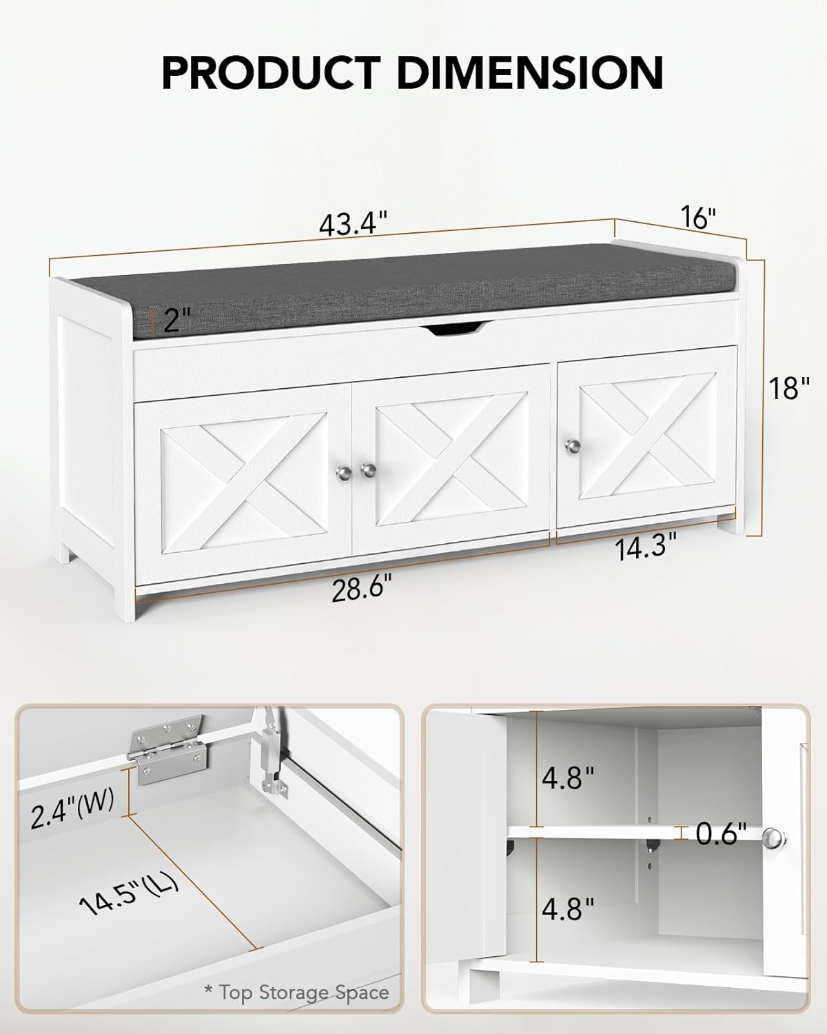 Amada Shoe Storage Bench, Entryway Bench with Cushioned Seat & Lift Top Storage, 3 Doors, Adjustable Shelf, 300 lbs Capacity, Bench with Shoe Rack for Entryway, Bedroom, Living Room, White