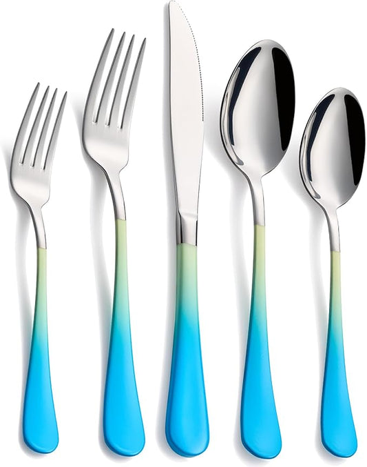 20-Piece Yellow&Blue Silverware Set, 18/0 Stainless Steel Colorful Handle Flatware Set, Service for 4, Modern Cutlery Set Includes Dinner Knives Forks Spoons, Mirror Polished, Dishwasher Safe