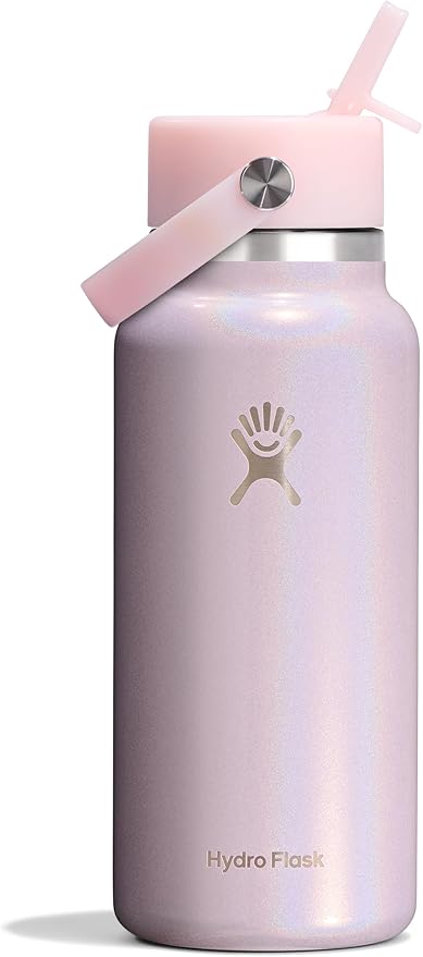 Hydro Flask Water Bottle - Insulated Stainless Steel - Wide Mouth Flex Straw Lid, Non-Spill, Leakproof and Refillable in 32 Oz Glimmer Pink