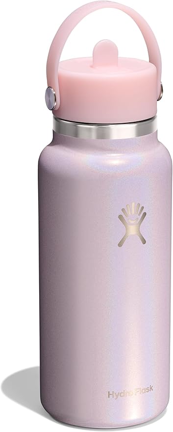 Hydro Flask Water Bottle - Insulated Stainless Steel - Wide Mouth Flex Straw Lid, Non-Spill, Leakproof and Refillable in 32 Oz Glimmer Pink