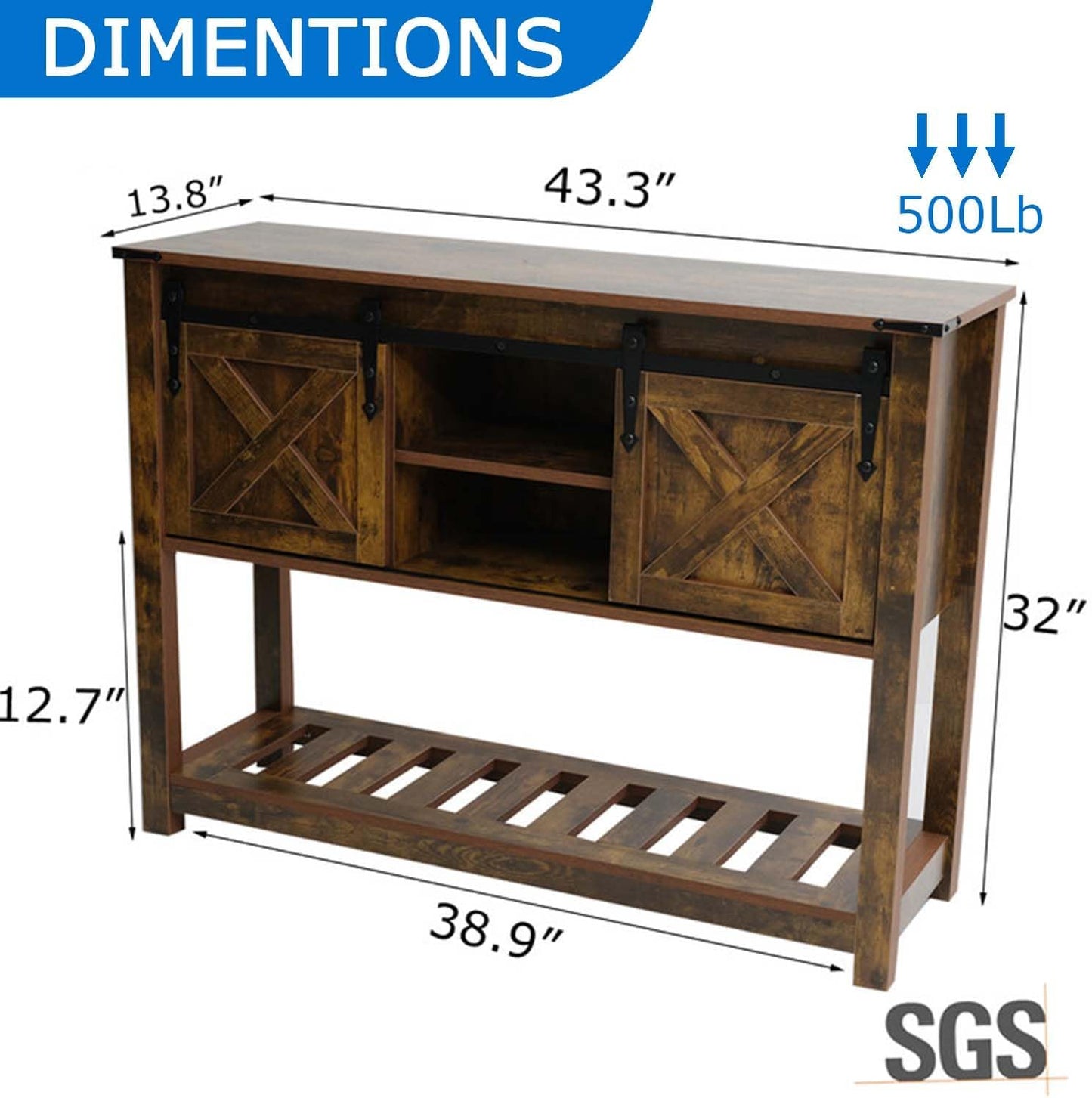 Entryway Table with Storage, Farmhouse Buffet Cabinet Coffee Bar Kitchen Island with Sliding Barn Doors & Shelves, Console Table for Kitchen, Dining Room, Living Room, Brown