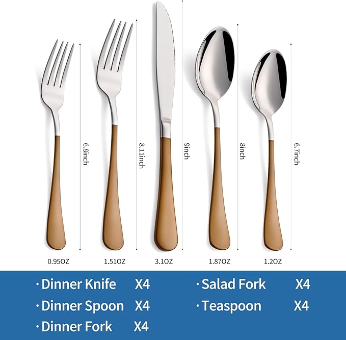 20-Piece Coffee Color Silverware Set 18/0 Stainless Steel Coffee Color Handle Flatware Set Service for 4 Modern Cutlery Set Includes Dinner Knives Forks Spoons, Mirror Polished Dishwasher Safe
