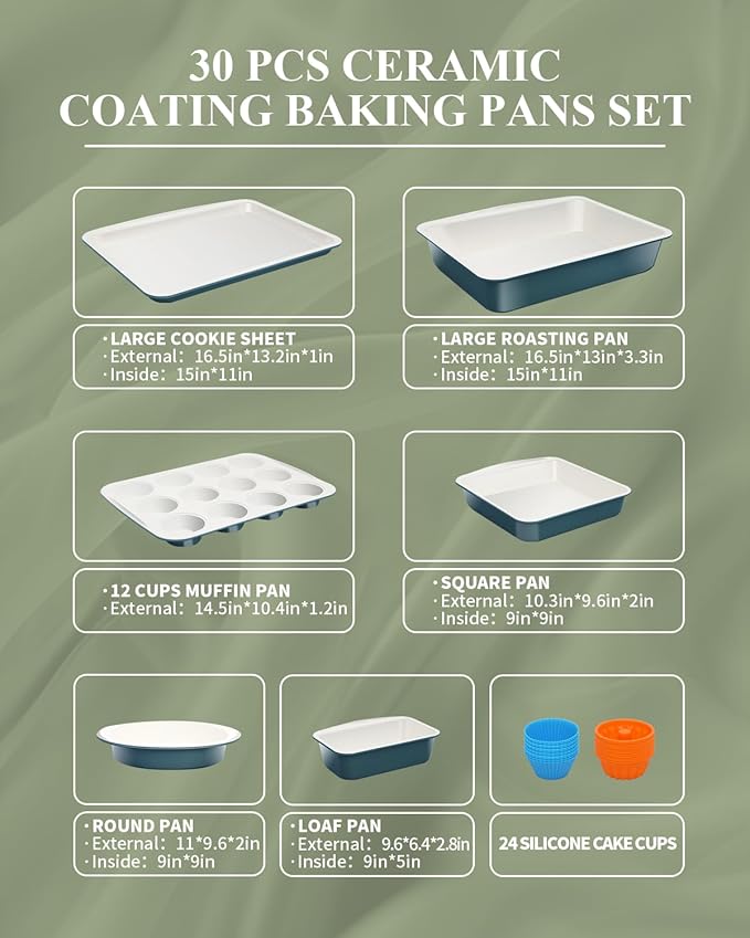 Ceramic Nonstick Baking Pans Set, Non Toxic 30 PCS Stackable Bakeware Sets, 550°F Oven Safe Baking Sheet & Pans, Warp-Free, Dishwasher Safe, PTFE/PFOA/PFOS-Free (Blue)