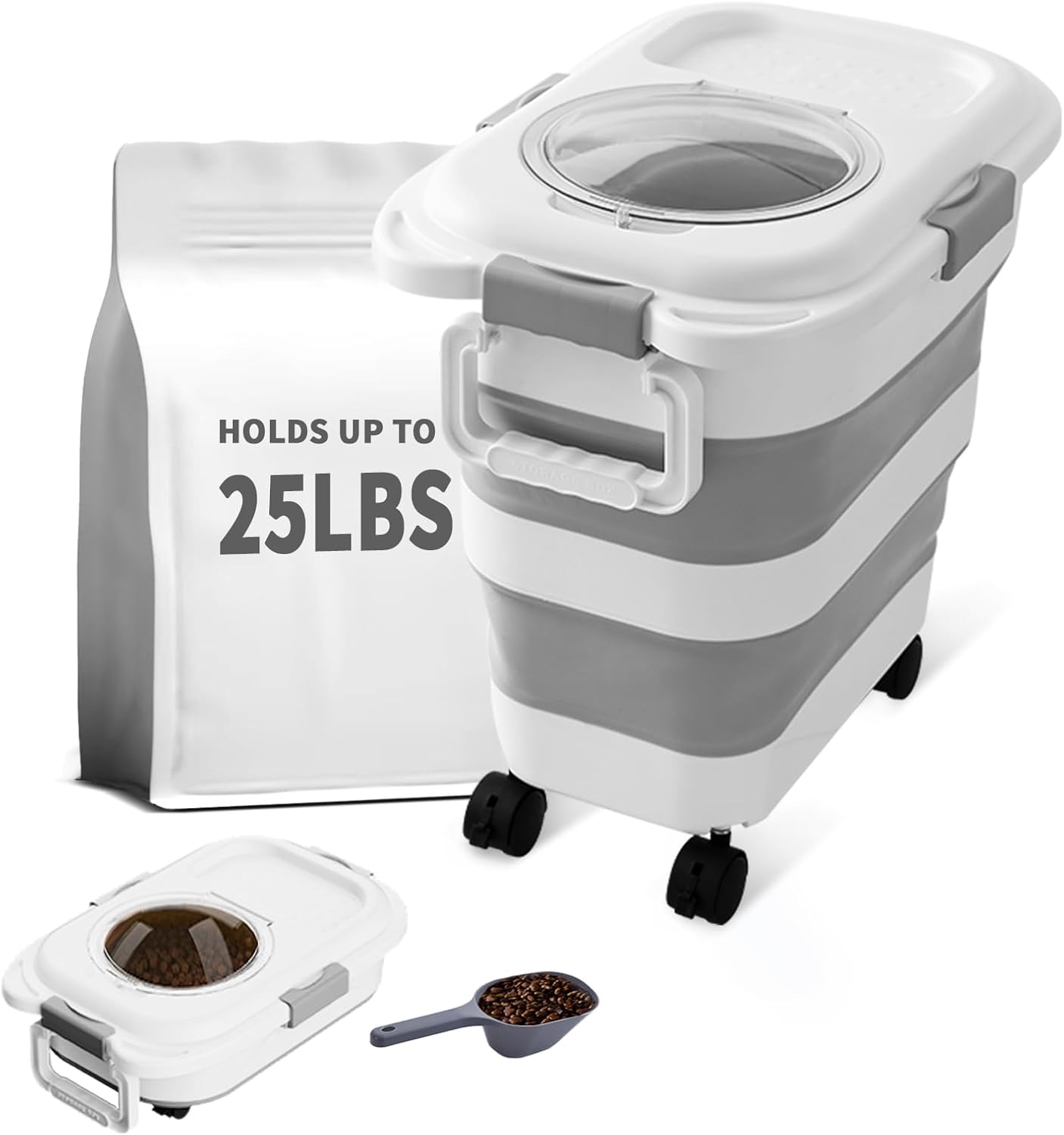 25 Lbs Dog Food Storage Container, Collapsible Dog Food Container with Scoop for Pet/Dog/Cat/Bird Food,Keep Dry Food Fresh,Easy to Move (White)