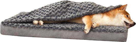 Orthopedic Memory Foam Bed for Large Dogs, Waterproof Cooling Pet Mats for Crate with Removable Washable Cover,Ideal for Arthritic Dogs (Large-35"x 22" x 3", Rose Plush+Blanket)