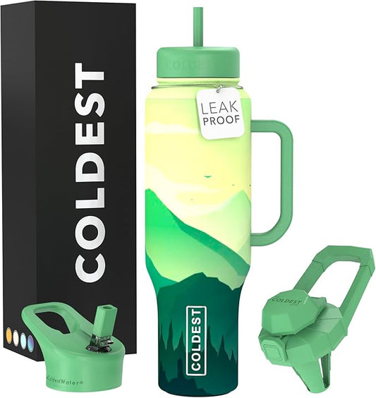 Coldest Tumbler with Handle and Straw - 100% Leak Proof Insulated Tumbler with Lid and Straw (3 Lids) - Stainless Steel Tumblers for Women & Men - Cup Holder Friendly Base, 46 oz (Happy Camper)