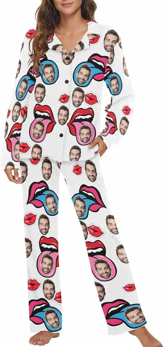 MyPupSocks Custom Face Pajamas for Women Set, Personalized Photo Long Sleepwear XS-XXL