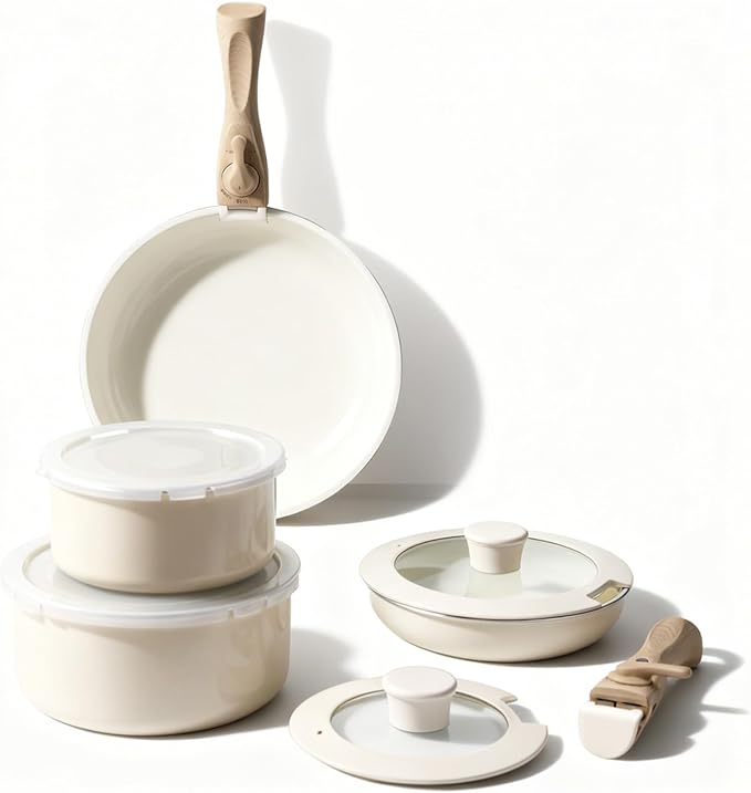 10-Piece Ceramic Nonstick Cookware Set, PFAS/PFOA/PTFE-Free & Non-Toxic Pots and Pans Set with Detachable Handles, Dishwasher Safe & Induction Compatible for Kitchen & RV Cooking